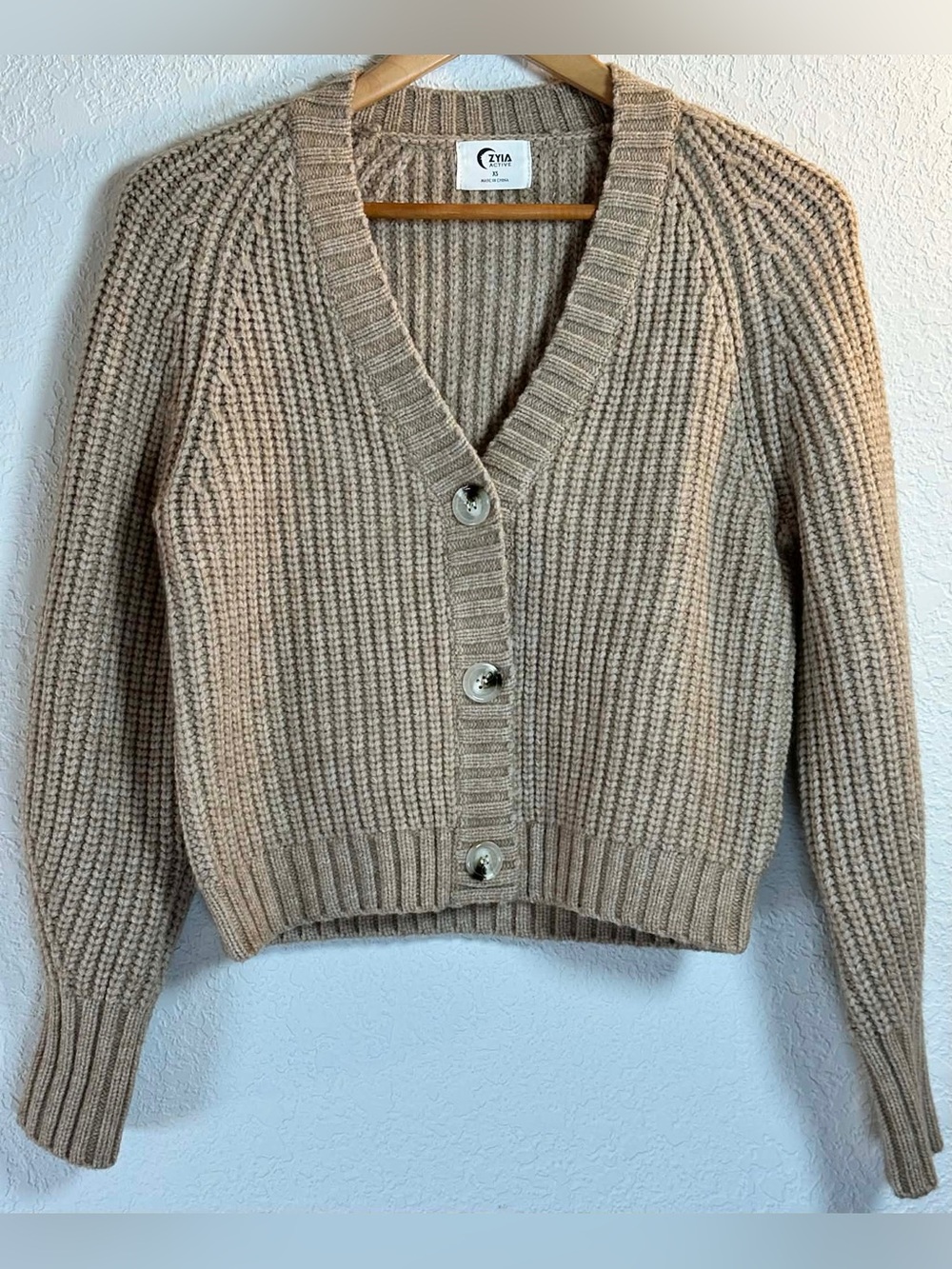 Zyia Knit Ribbed V-Neck Button Cardigan - Beige